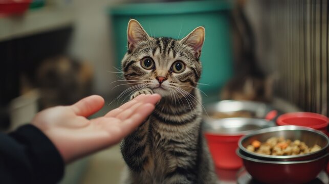 Cat reaching out to a person in a shelter during adoption event