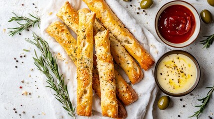 Crunchy breadsticks with garlic and butter, isolated on a soft white cloth with decorative olive branches and dipping sauces