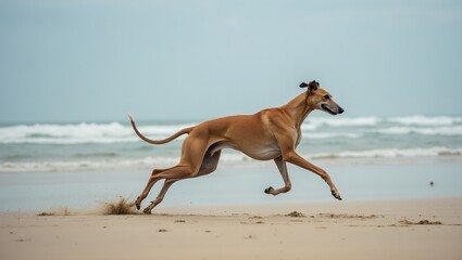 Elegant Greyhound running on beach showcasing speed and grace