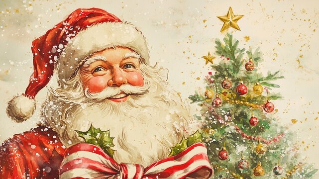 vintage watercolors of a festive Christmas theme , a jolly Santa Claus, candy cane-striped bow, Christmas tree with ornaments