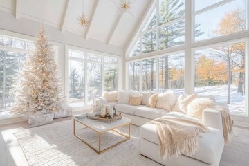 Cozy winter living room with large windows, a white Christmas tree, and soft decor in a snowy forest setting