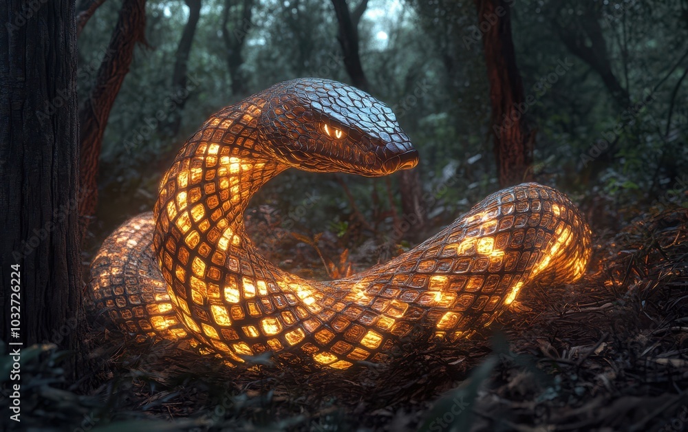 Poster intricate illuminated snake in lush forest setting