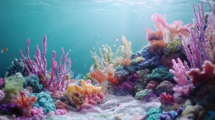 Fototapeta premium An underwater perspective showcases a vibrant coral reef teeming with lively hues of corals beneath the waves