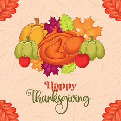 Thanksgiving turkey and pumpkins with colorful autumn leaves, Vector