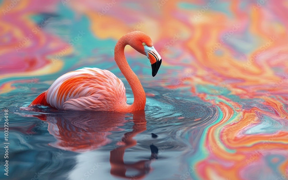 Poster surreal flamingo in colorful pool reflection