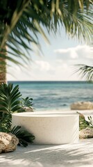Obraz premium The round stone table sits in a tranquil coastal environment, embraced by vibrant green foliage and gentle ocean waves