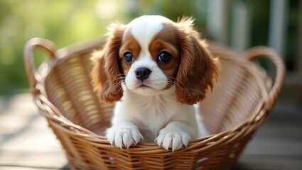 Adorable Cavalier King Charles Spaniel in wicker basket on sunny porch