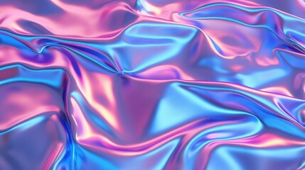 Obraz premium Gradient of fuchsia to blue metallic liquid background. Abstract neon texture. Rainbow 3d holographic foil. Wavy glossy surface in fuchsia and blue colors