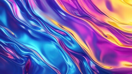 Fototapeta premium Gradient of lemon to indigo metallic liquid background. Abstract neon texture. Rainbow 3d holographic foil. Wavy glossy surface in lemon and indigo colors