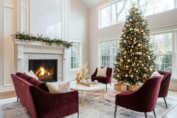 Fototapeta premium Cozy living room with a Christmas tree and a warm fireplace in a contemporary home during the holiday season