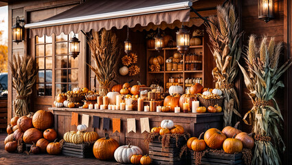 A store front with a lot of pumpkins and corn