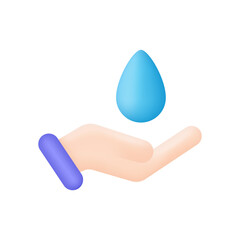 3D Hands holding Water drop icon. Recycle or reuse water. Renew of liquid. Ecology concept.