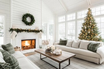 Cozy winter living room with a fireplace, decorated Christmas tree, and festive wreath during the holiday season