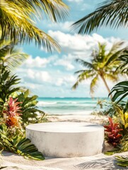 Fototapeta premium A circular platform is nestled among the tropical foliage, with the ocean and sky visible in the background, creating a tranquil setting