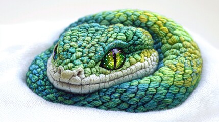 Obraz premium a green and yellow snake with a white cloth background, showing its head on one side