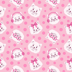 Seamless pattern with  cat faces and dots  on pink background.