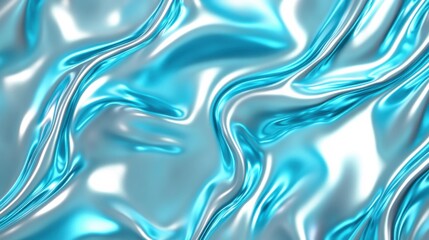 Obraz premium Gradient of turquoise to silver metallic liquid background. Abstract neon texture. Rainbow 3d holographic foil. Wavy glossy surface in turquoise and silver colors