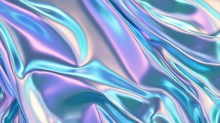 Obraz premium Gradient of turquoise to silver metallic liquid background. Abstract neon texture. Rainbow 3d holographic foil. Wavy glossy surface in turquoise and silver colors 