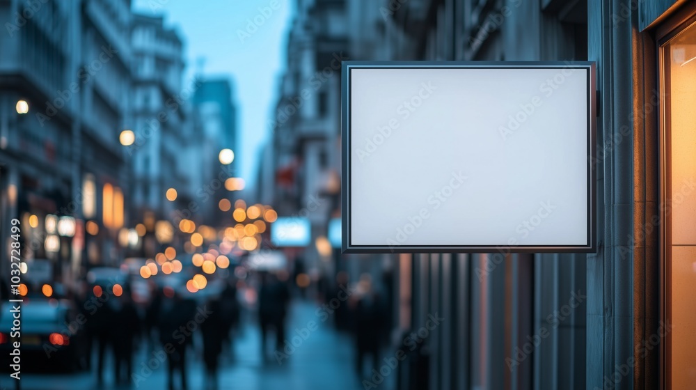 Poster A blank store sign mockup hanging from the side of a building, with a minimalist design and a busy urban street in the background, perfect for adding logos or text