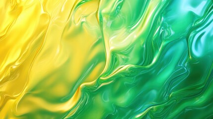 Gradient of yellow to green metallic liquid background. Abstract neon texture. Rainbow 3d holographic foil. Wavy glossy surface in yellow and green colors