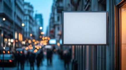 A blank store sign mockup hanging from the side of a building, with a minimalist design and a busy urban street in the background, perfect for adding logos or text