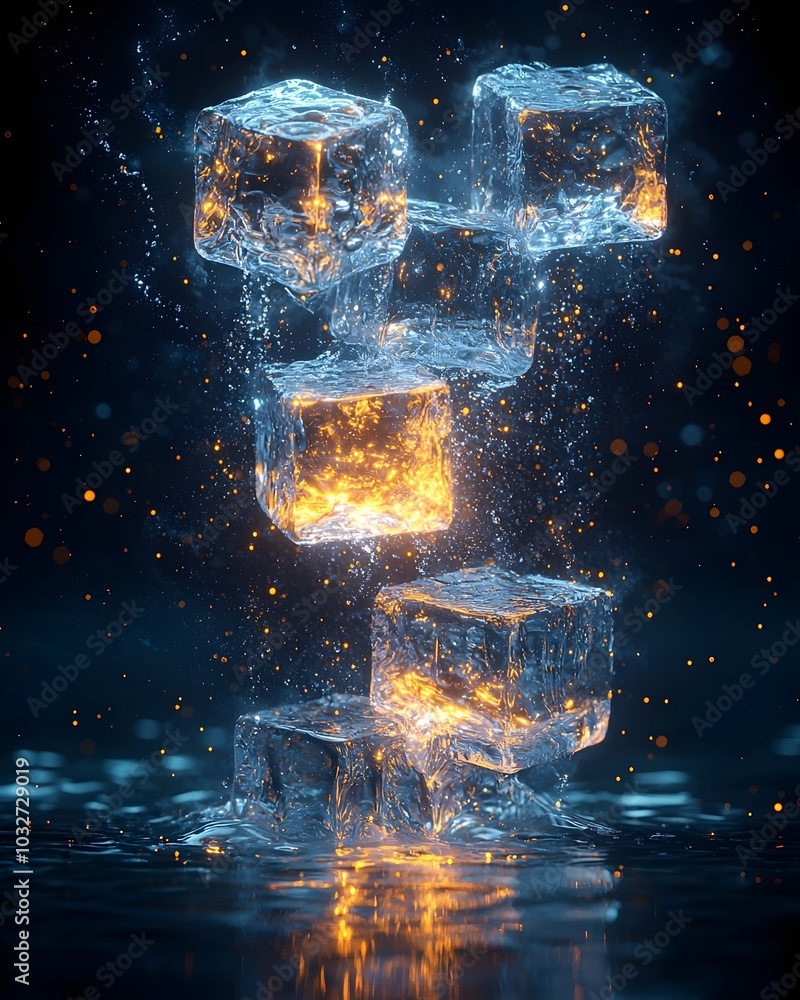 Poster Glowing ice cubes fall into a pool of water with splashes and sparkles. Abstract concept of cooling down and refreshing.