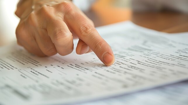 Close-up of a tax consultant's hand pointing to key numbers on a tax return document