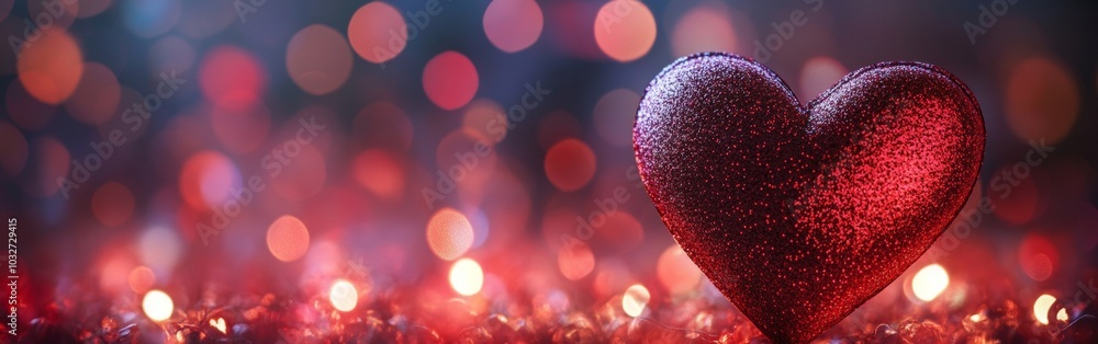 Poster a glittering red heart surrounded by shimmering lights in a romantic setting during an evening celeb