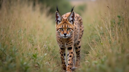 Majestic serval cat in African savanna