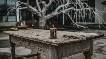 Obraz premium An old wooden table lit a candle for me