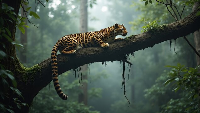 Majestic clouded leopard navigating misty rainforest