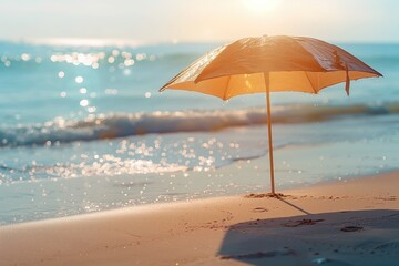Serene Beachscape: A Sunset and a Beach Umbrella. Double exposure.