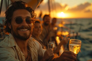 Enjoying sunset cocktails on a sailing adventure with friends in the open ocean