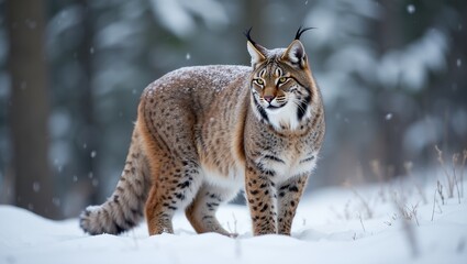 Fototapeta premium Eurasian lynx in snowy forest blending with landscape