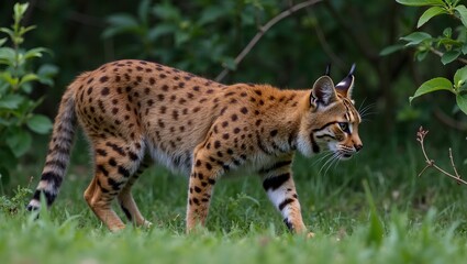 Obraz premium Bobcat stalking through dense thickets tail twitching hunting prey