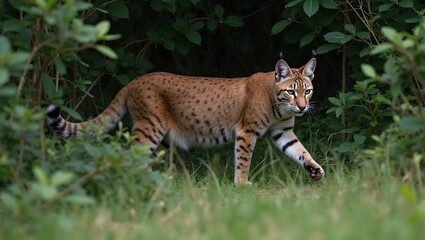 Obraz premium Bobcat stalking through dense thickets tail twitching hunting prey