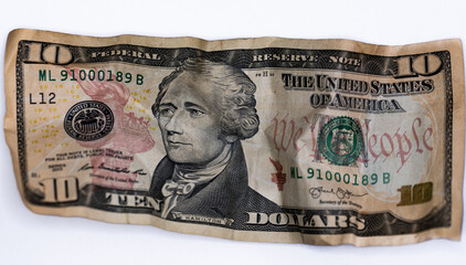 Crumpled US 10 dollar banknote