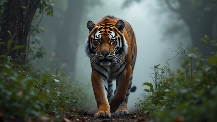 Fototapeta premium Majestic tiger prowling through misty jungle muscles rippling under striped coat