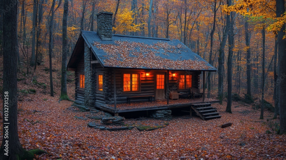 Poster Surrounded by colorful autumn foliage, a rustic log cabin glows warmly as the sun sets, creating a serene and inviting atmosphere in the woods.
