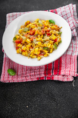 corn salad tasty food dish second course Fresh delicious gourmet food background on the table rustic food top view copy space top view keto and paleo diet Vegetarian and vegan food