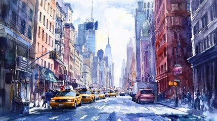 A vibrant watercolor of a bustling city street with yellow taxis and iconic skyscrapers.