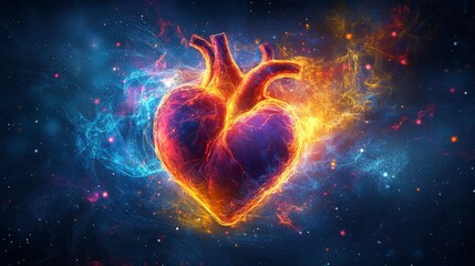 Fiery Neon Heart in Cosmic Space