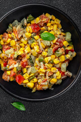 corn salad tasty food dish second course Fresh delicious gourmet food background on the table rustic food top view copy space top view keto and paleo diet Vegetarian and vegan food
