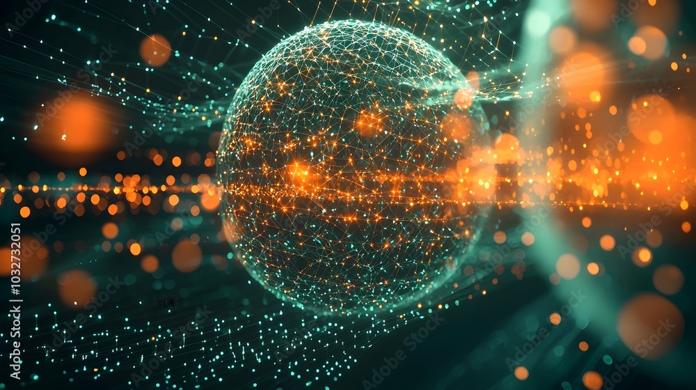 Poster abstract digital art with a glowing sphere in a network of lines and dots. the image features vibran