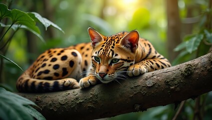 Obraz premium Majestic ocelot on jungle branch golden fur with black spots