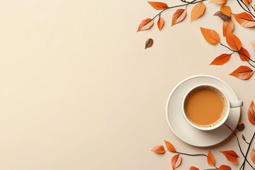 Cup of Coffee on a saucer with orange leaves on a light background top view with copy space, created with Generative AI technology