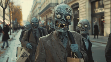 Obraz premium Elegant Zombie-Like Men Shopping on Luxurious Parisian Street