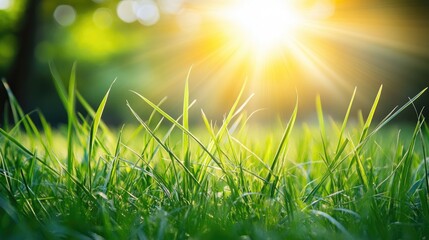 Fototapeta premium Bright Sunlight Over Green Grass in Nature Scene