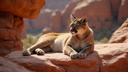 Obraz premium Majestic cougar resting on desert rocks camouflaged by golden fur against red backdrop