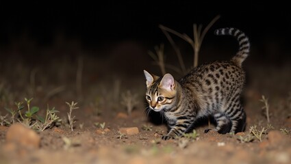 Sleek black footed cat hunting in arid grasslands at night